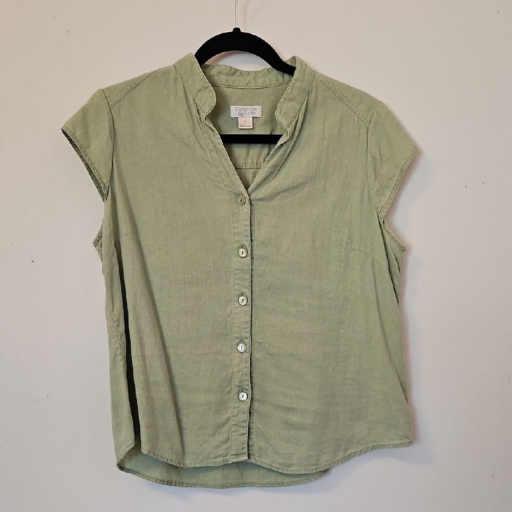 Coldwater Creek Green Button Down Shirt with Mandarin Collar